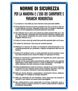 Cartello 'norme di sicurezza per carriponte e paranchi' con istruzioni