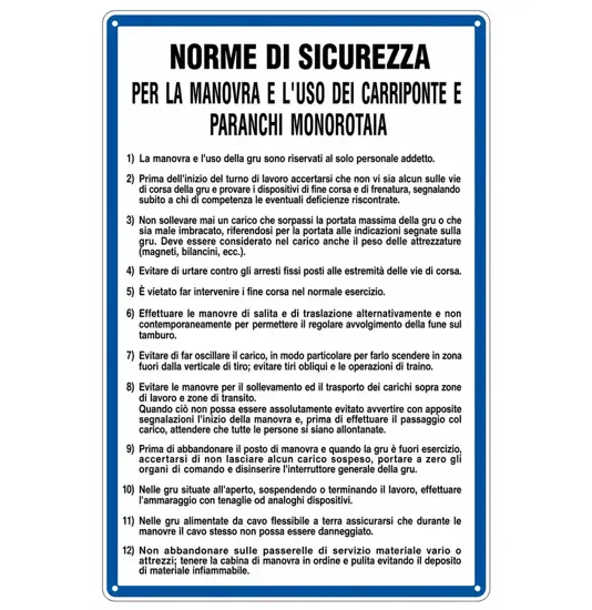 Cartello 'norme di sicurezza per carriponte e paranchi' con istruzioni