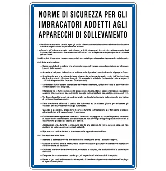 Cartello 'norme di sicurezza per gli imbracatori'