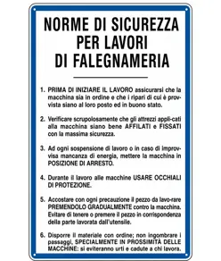 Cartello 'norme di sicurezza per lavori di falegnameria'