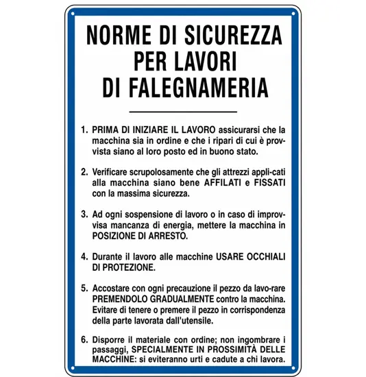 Cartello 'norme di sicurezza per lavori di falegnameria'