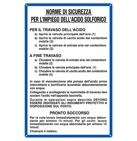 Cartello 'norme di sicurezza per l'impiego dell' acido solforico'