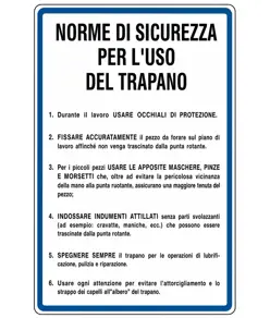 Cartello 'norme di sicurezza per l'uso del trapano'