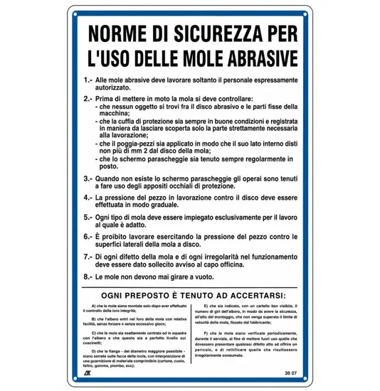 Cartello 'norme di sicurezza per l'uso delle mole abrasive'