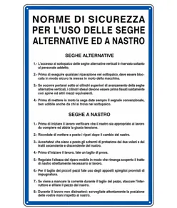 Cartello 'norme di sicurezza per l'uso delle seghe'