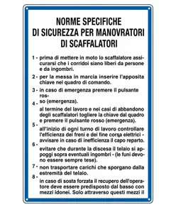 Cartello 'norme di sicurezza per manovratori di scaffalatori'