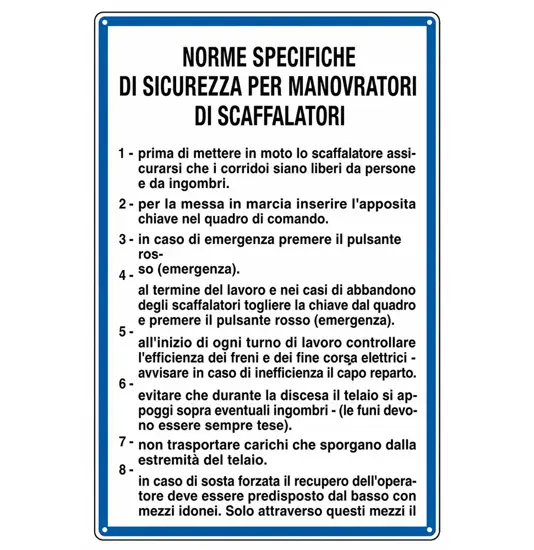 Cartello 'norme di sicurezza per manovratori di scaffalatori'