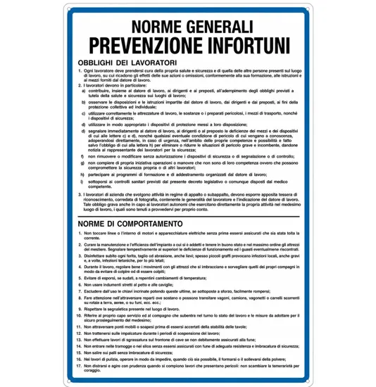 Cartello 'norme generali prevenzione infortuni'