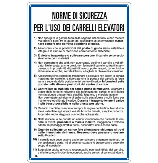 Cartello 'norme per l'uso dei carrelli elevatori'