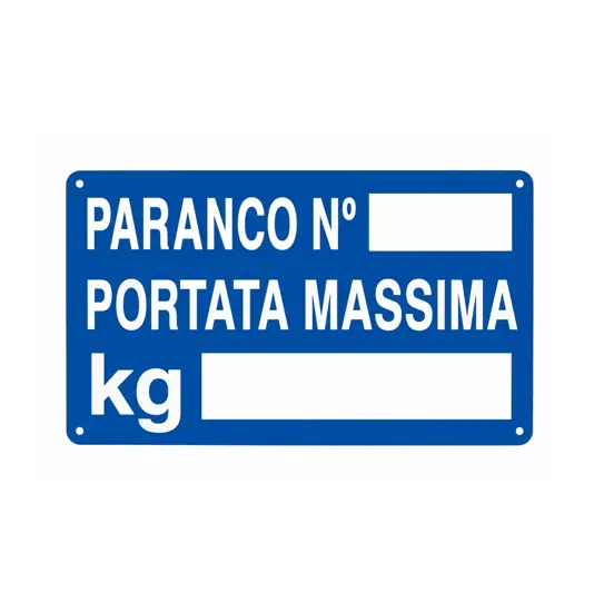Cartello 'paranco n° ___ portata massima kg