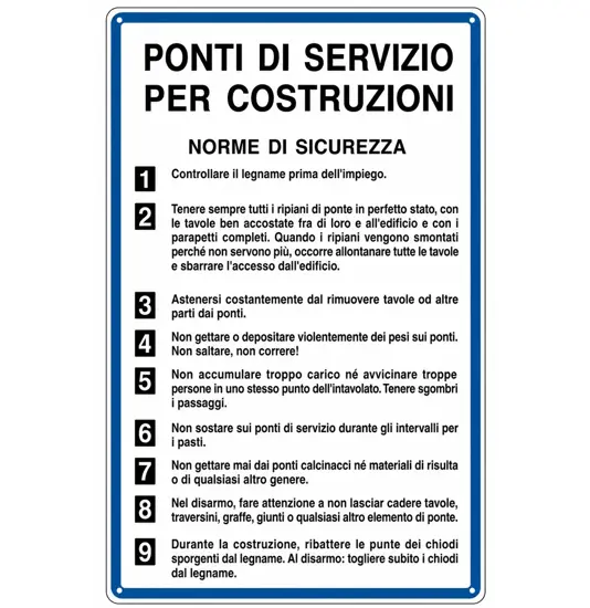 Cartello 'ponti di servizio per costruzioni norme di sicurezza'