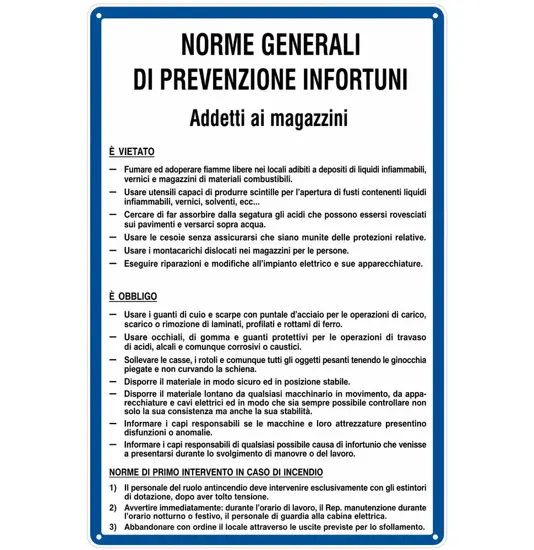 Cartello 'prevenzione infortuni addetti ai magazzini'