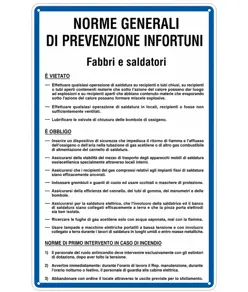 Cartello 'prevenzione infortuni fabbri e saldatori'