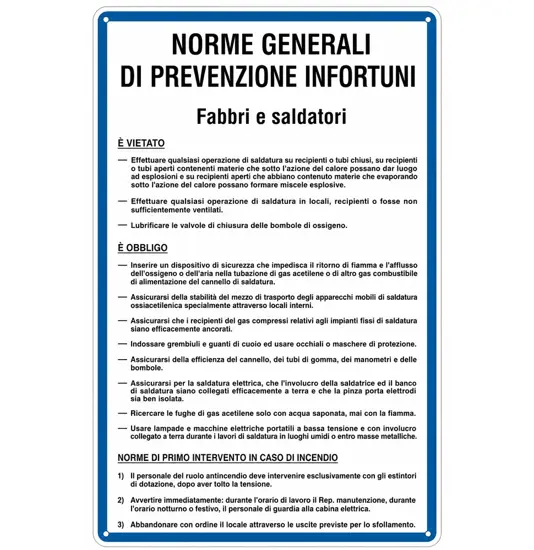 Cartello 'prevenzione infortuni fabbri e saldatori'