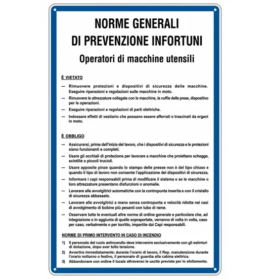 Cartello 'prevenzione infortuni operatori di macchine utensili'