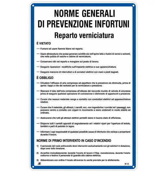 Cartello 'prevenzione infortuni reparto verniciatura'