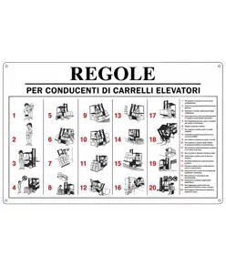 Cartello 'regole per conducenti di carrelli elevatori' con istruzioni
