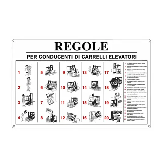 Cartello 'regole per conducenti di carrelli elevatori' con istruzioni