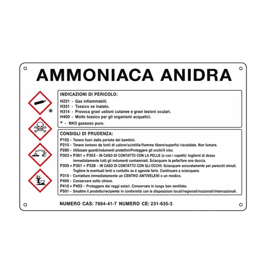 Cartello sostanza pericolosa 'ammoniaca anidra'