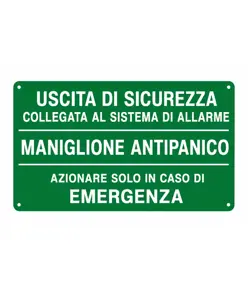 Etichetta adesiva 'uscita di sicurezza collegata al sistema di allarme / Maniglione antipanico...'