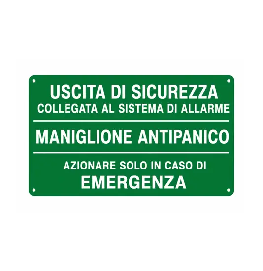 Etichetta adesiva 'uscita di sicurezza collegata al sistema di allarme / Maniglione antipanico...'