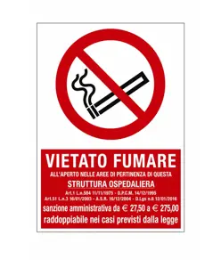 Cartello vietato  fumare all'aperto nelle aree di pertinenza di questa