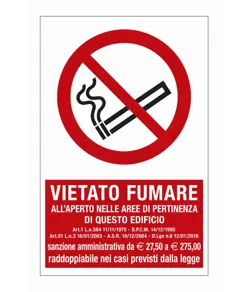 Cartello vietato  fumare all'aperto nelle aree di pertinenza di questo edificio