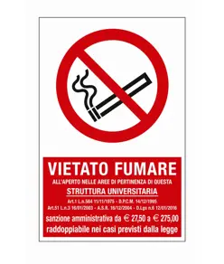 Cartello vietato  fumare all'aperto struttura universitaria