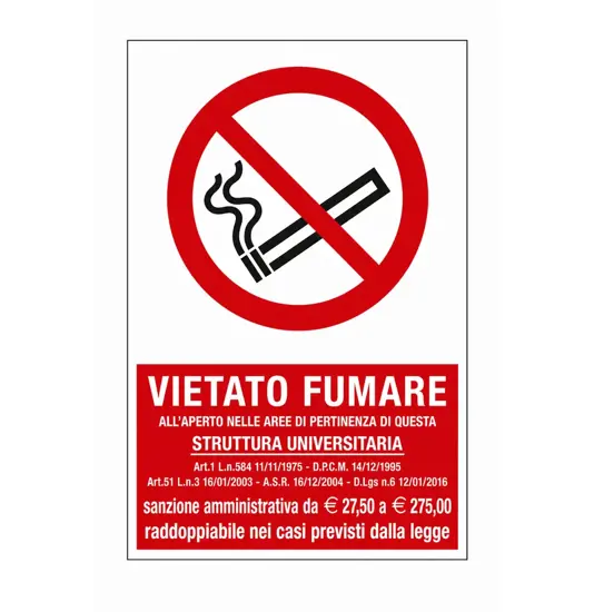 Cartello vietato  fumare all'aperto struttura universitaria