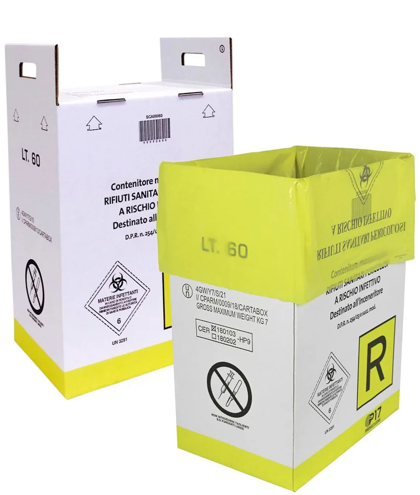 10 pezzi Contenitore monouso per rifiuti sanitari pericolosi, Sacco interno integrato in polietilene - conforme ADR