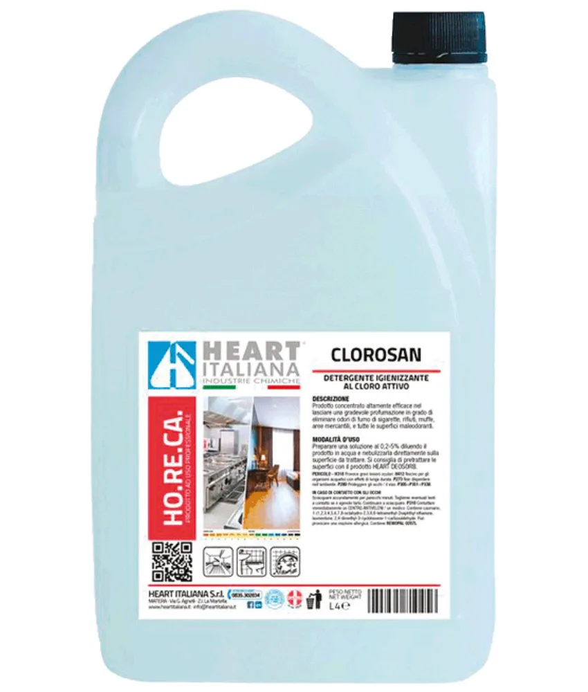 Detergente igienizzante con risciacquo a base di cloro attivo, incolore e profumato, tanica 4 lt.