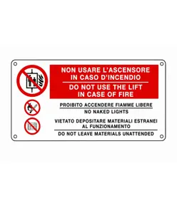 etichette adesive bilingue 'non usare l'ascensore in caso d'incendio' con simboli