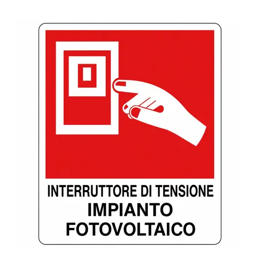 etichette adesive 'interruttore di tensione impianto fotovoltaico' con simbolo e scritta