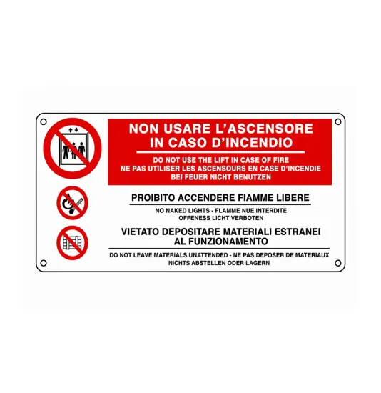etichette adesive 'non usare l'ascensore in caso d'incendio' 4 lingue con simboli