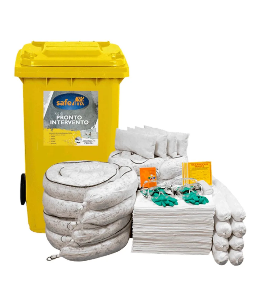 Kit assorbente in bidone carrellato serie Oil, Kit assorbente industriale composto da bidoni carrellati con strumenti per lo smaltimento oli: pann...