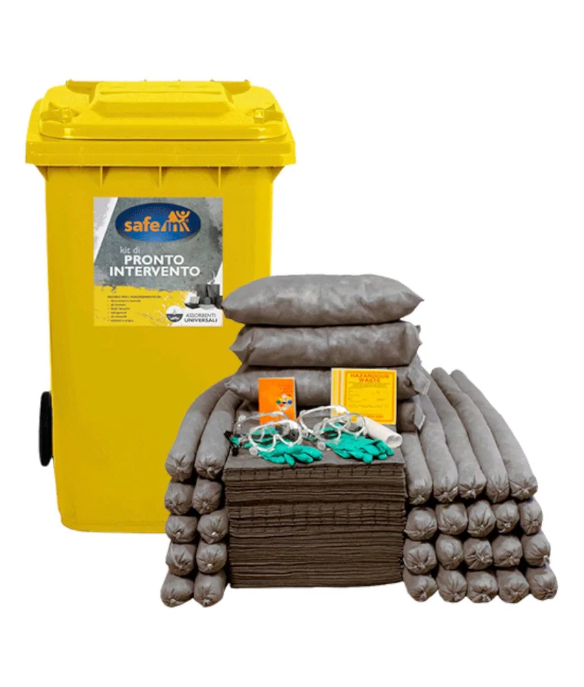 Kit smaltimento industriale Safe In, Kit assorbente industriale composto da bidoni carrellati con strumenti per lo smaltimento rifiuti: panni, cus...
