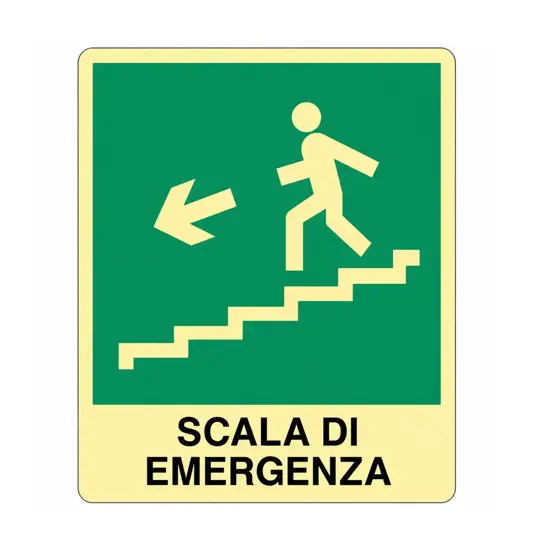 Scala di emergenza a sinistra cartello fotoluminescente