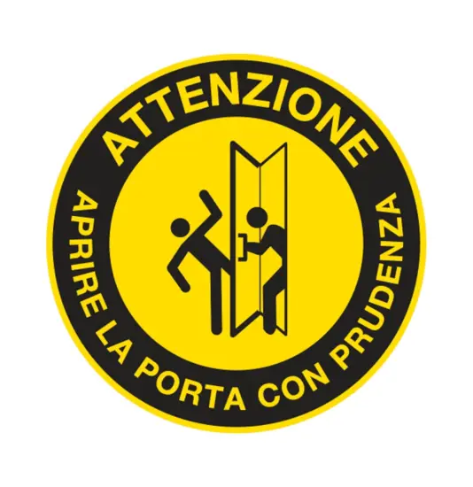 Segnale adesivo da pavimento “Attenzione aprire la porta con prudenza”