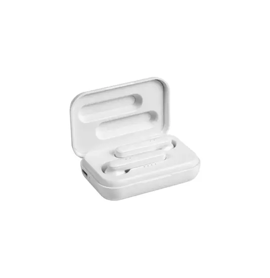 Auricolari bluetooth con scatola di ricarica e cavo di ricarica micro USB incluso.