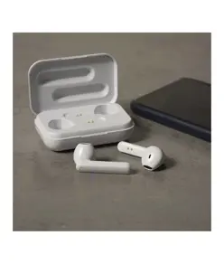 Auricolari bluetooth con scatola di ricarica e cavo di ricarica micro USB incluso.