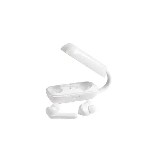 Auricolari bluetooth con scatola di ricarica e cavo di ricarica micro USB incluso.