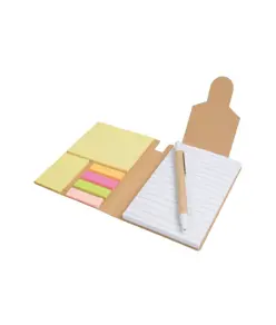 Block notes in carta riciclata, con penna in cartone e foglietti adesivi