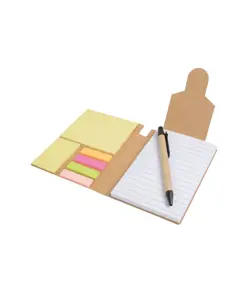 Block notes in carta riciclata, con penna in cartone e foglietti adesivi