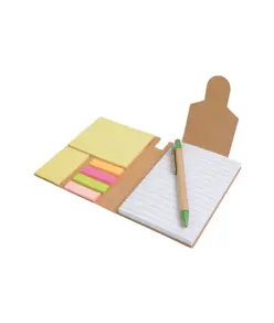 Block notes in carta riciclata, con penna in cartone e foglietti adesivi