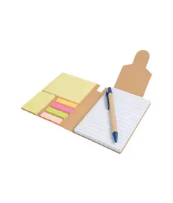 Block notes in carta riciclata, con penna in cartone e foglietti adesivi