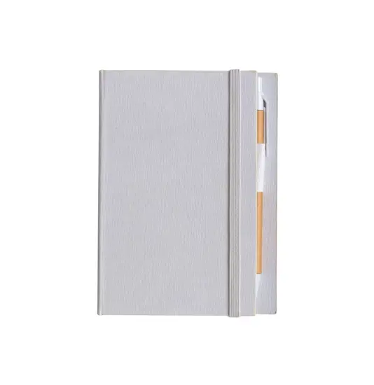 Block Notes in cartoncino con elastico colorato, penna, fogli a righe (70 pag.) e fogliett