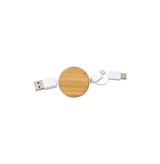 Cavo retrattile in bambù con adattatore USB-type C/lightning/microUSB .