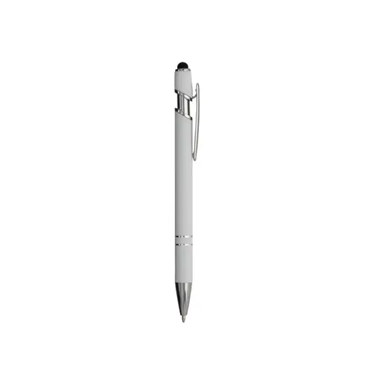 Penna a scatto in alluminio gommato con gommino per touch screen e clip in metallo