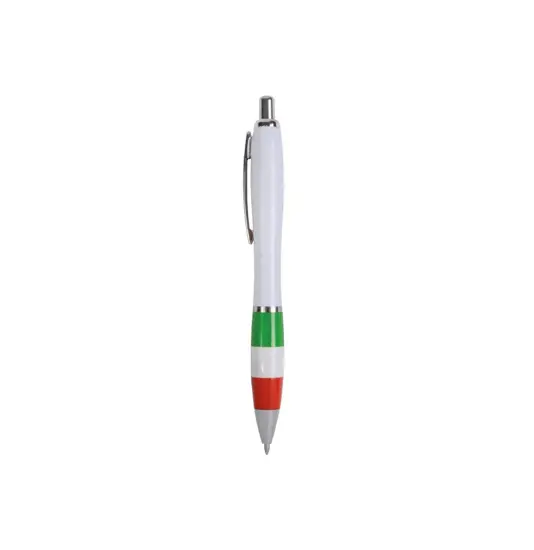 Penna a scatto in plastica ABS, con fusto bianco, impugnatura colorata gommata
