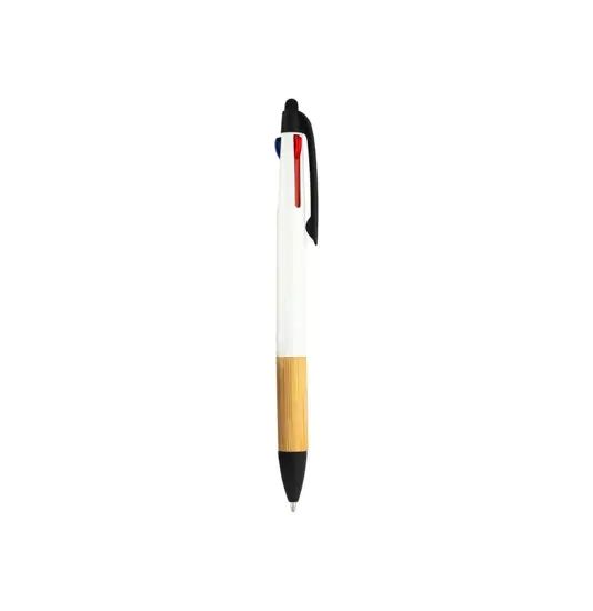 Penna a scatto in plastica con 3 refill, con gommino per touch screen, impugnatura in bamb